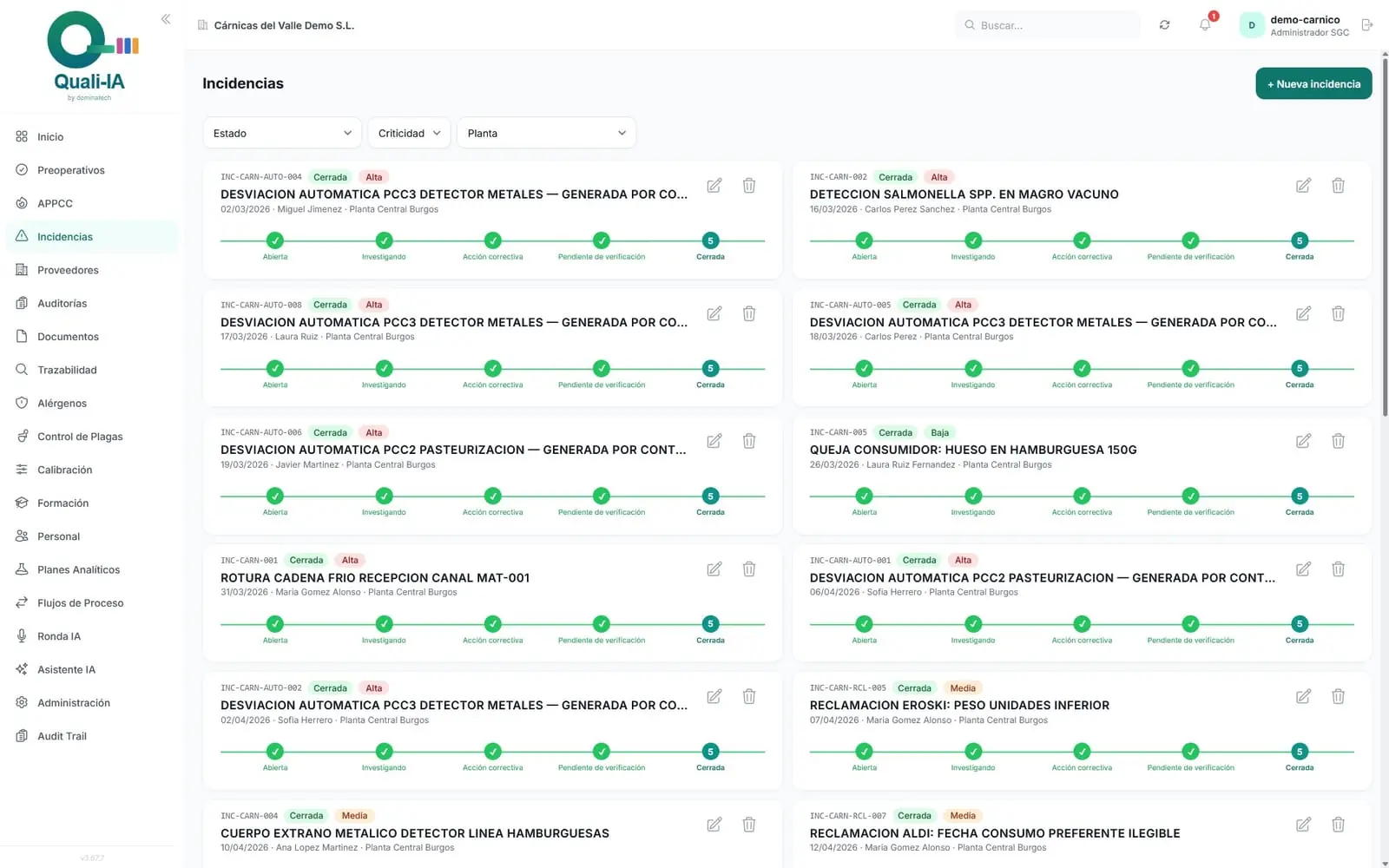 Gesti&oacute;n de incidencias y no conformidades en Quali-IA